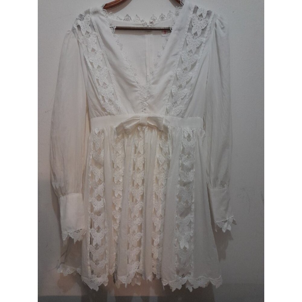 L'atiste By Amy Babydoll Mini Dress Lace Deep V Neckline Size Medium White - Picture 4 of 14